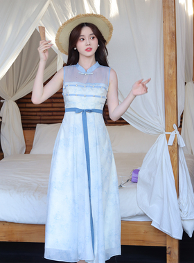 【清仓·兰亭序】蓝色无袖长裙雪纺印花出游度假收腰连衣裙