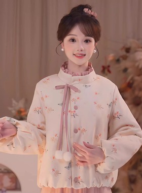 瑶西【粉枝蝶影】冬季厚款印花外套立体蝴蝶仙雾粉加绒半裙女套装