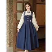 长裙藏蓝色早秋新中式 瑶西 蓝雾影蝶 汉服裙子连衣裙两件套