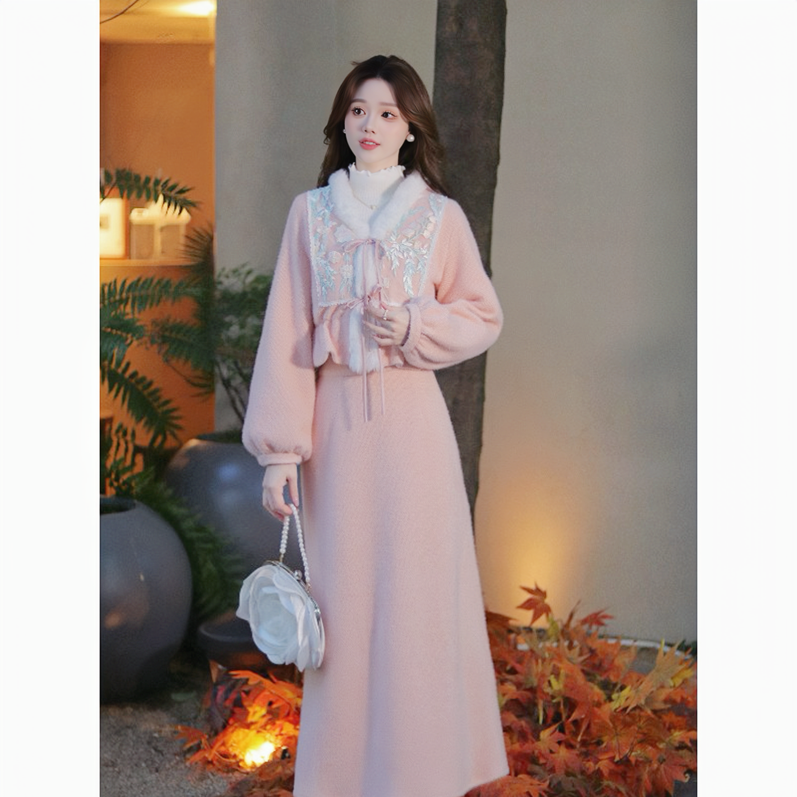 瑶西【粉知瑶】粉色毛绒刺绣花卉上衣新中式温柔国风半裙两件套
