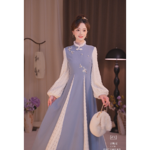 瑶西【蓝雾糖霜】淡蓝色盘扣刺绣蕾丝灯笼袖汉服新中式国风连衣裙