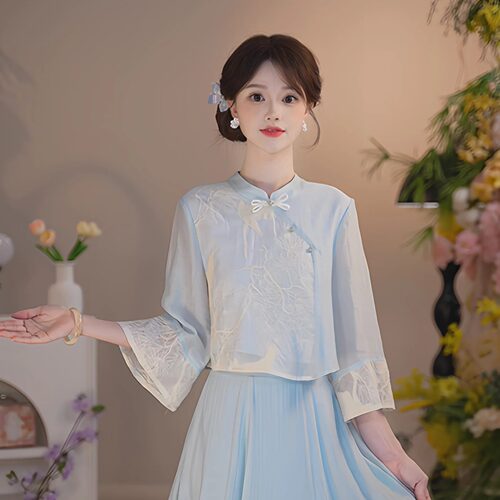 瑶西天蓝国风飘逸汉服长裙套装