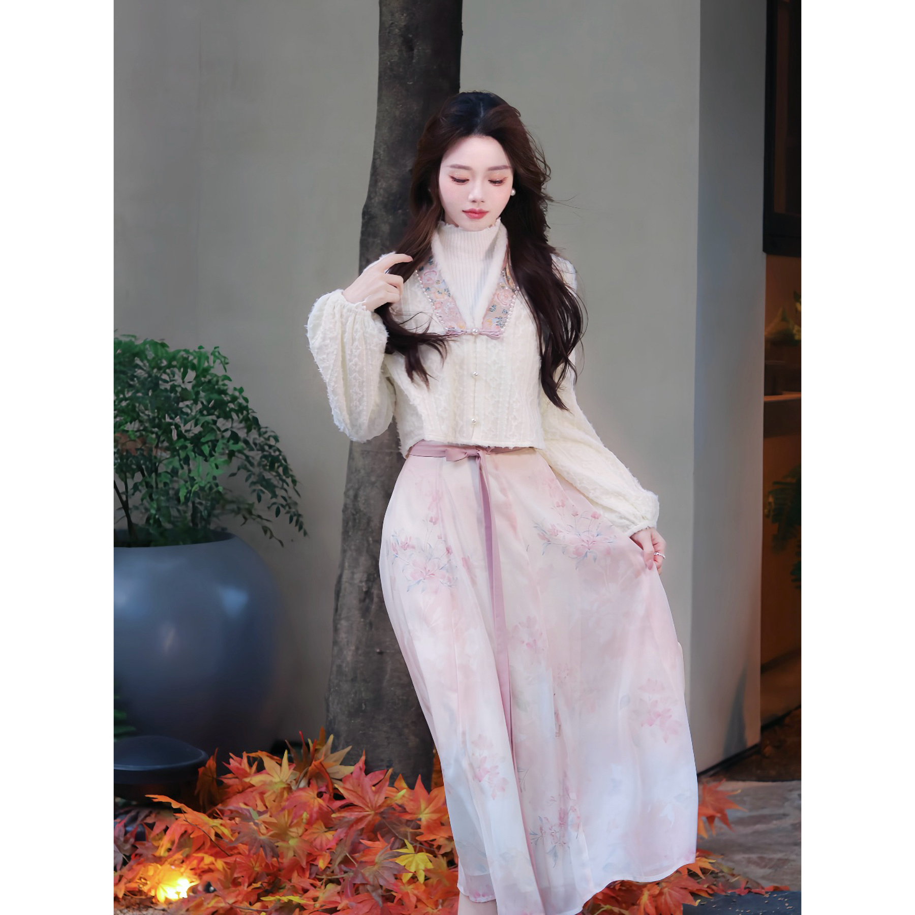 瑶西【海棠朝雪】冬装提花米白女装外套花卉半裙汉服新中式套装