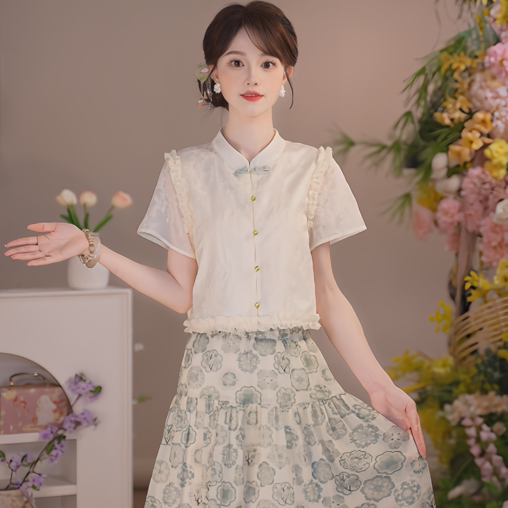 瑶西【绿颜花月】国风原创汉服日常木耳边刺绣上衣绿白碎花半裙