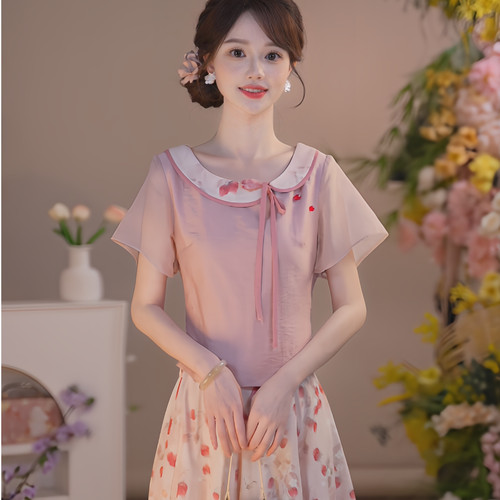 瑶西汉服套装蜜桃粉樱桃印花