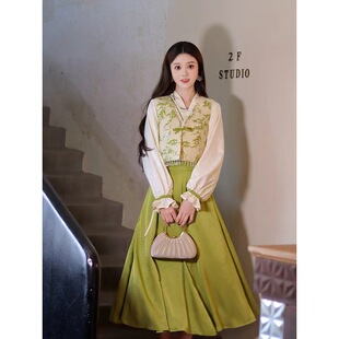 【清竹影】绿色长裙灯笼刺绣马甲交领秋季袖新中式汉服裙子三件套