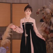 改良汉元 瑶西 素连衣裙 新款 刺绣高级粉黑厚丝绒款 粉黑暮色 冬季