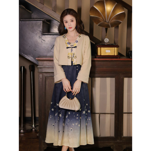 瑶西【一枕星河】气质款开衫渐变花卉长裙新中式国风裙子两件套装