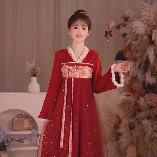 瑶西红裕鎏金丝绒洒金汉服连衣裙