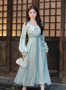 【清仓·枕清禾】绿色裙子刺绣珍珠点巨好看早秋新中式汉服连衣裙