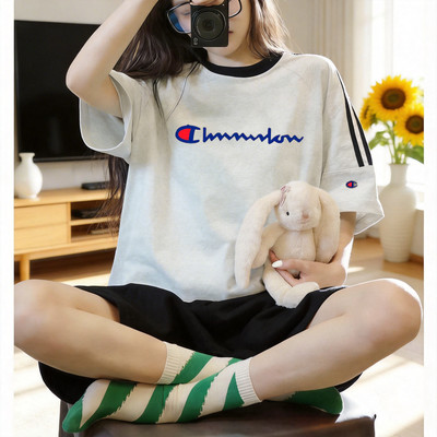 美潮冠军街头潮牌夏季三杠短袖女