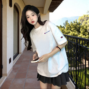 冠军刺绣潮牌夏重磅纯棉五分短袖T恤女宽松休闲百搭半袖打底上衣