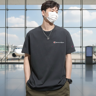 冠军刺绣美版圆领纯棉短袖T恤男夏季宽松休闲大码打底衫潮牌上衣