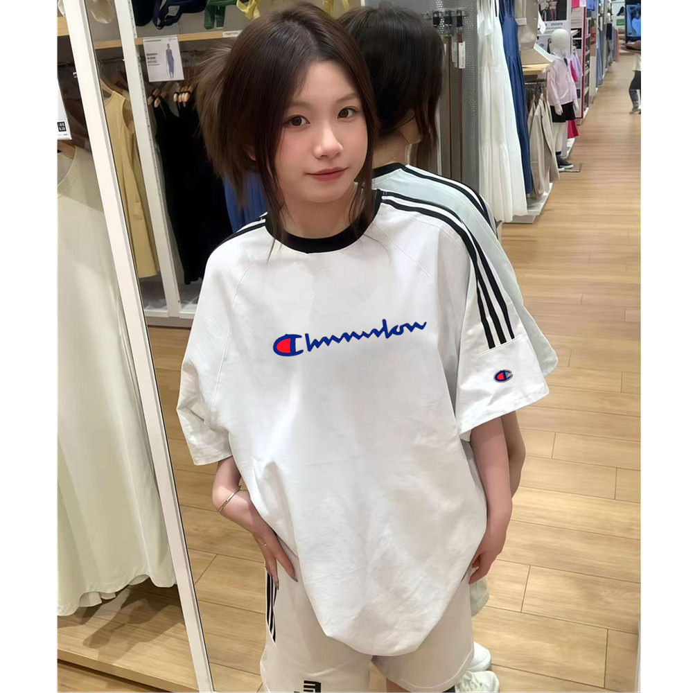 冠军基础款潮牌夏纯棉五分袖女宽松拼接三杠运动短袖T恤学生班服