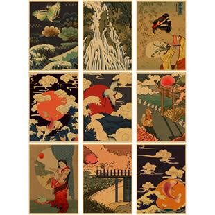浮世绘复古牛皮纸海报 日本绘画怀旧装饰画 日风拍摄背景墙贴画