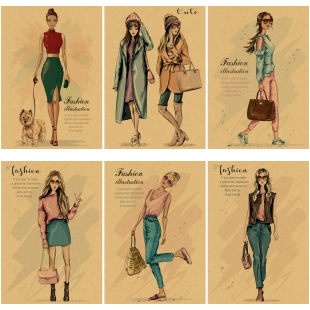 手绘彩绘美女复古牛皮纸海报房间墙面布置装 饰卧室宿舍墙壁墙贴画