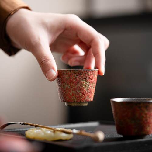 老岩泥红色茶具杯子小茶杯陶瓷侘寂杯个人专用主人杯茶具茶杯茶盏