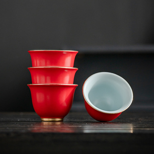山楂红猪油冻有容杯中式纯色茶杯单杯品茗杯客杯红色个性茶杯仿古