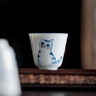 白瓷手绘猫妙韵品茗杯竹节杯反口不烫手女主人杯单个高档陶瓷专用