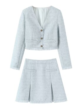 跨境外贸女装2025夏季欧美风V领长袖外套+打褶半身裙套装女C56003