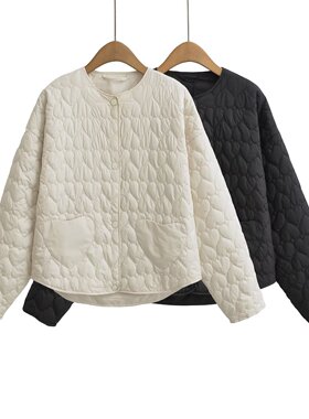 欧美风女装秋季新款休闲宽松心形图案贴袋棉服 薄款短外套3046524