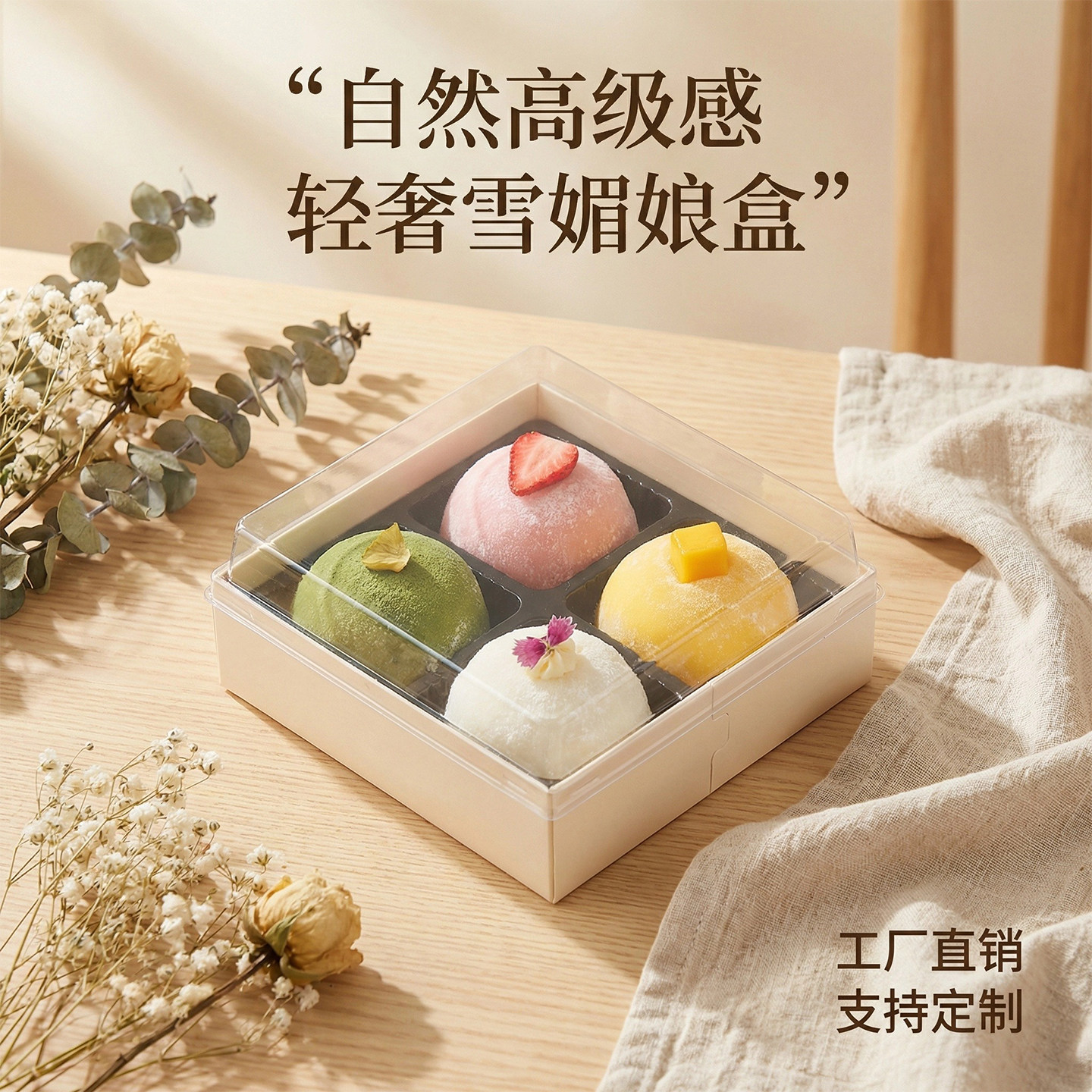 雪媚娘包装盒四拼盒子大福4个装甜品盒泡芙蛋黄酥烘焙点心打包盒