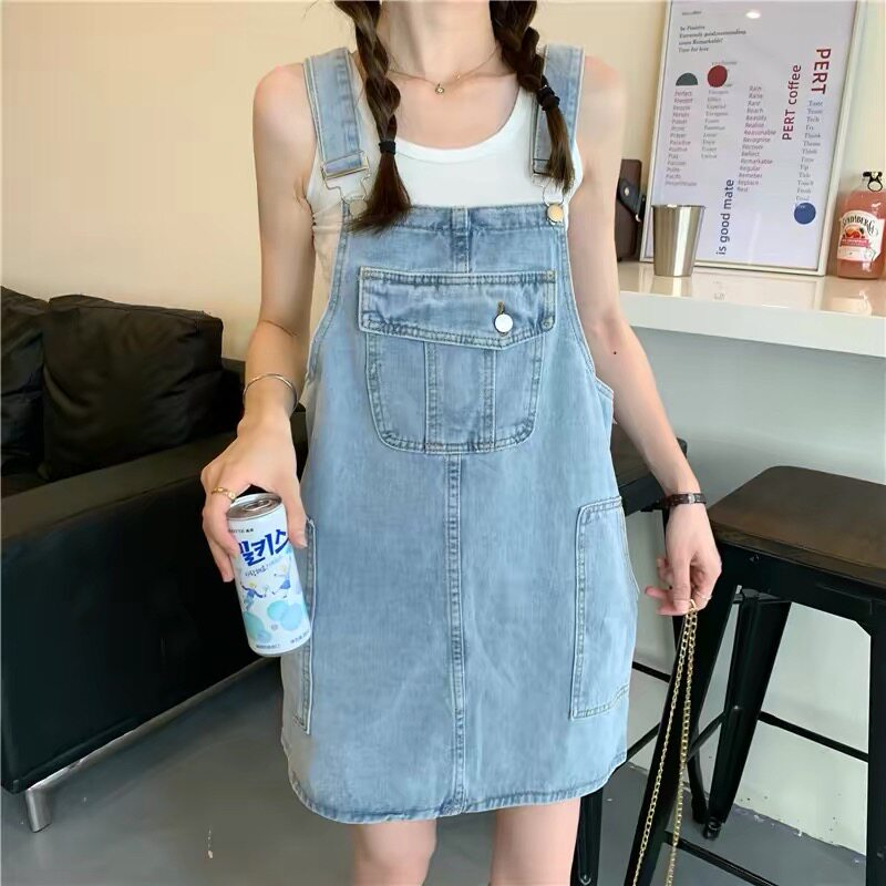 大码胖妹妹复古牛仔背带裙女夏季新款宽松显瘦百搭连衣裙吊带短裙