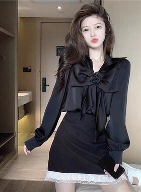 大码胖妹妹法式长袖蝴蝶结衬衫