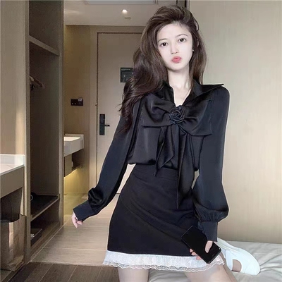 大码胖妹妹法式长袖蝴蝶结衬衫
