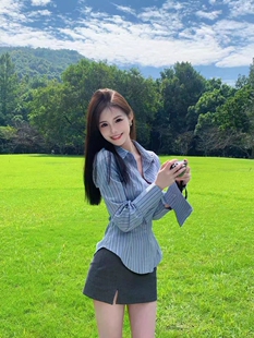 胖妹妹美式 长袖 复古修身 女春秋设计感小众打底衫 上衣 收腰衬衫 大码