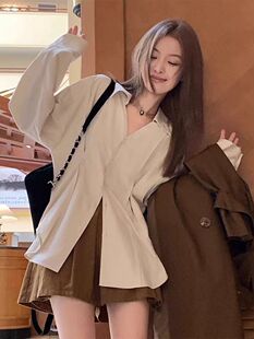 大码 新款 上衣叠穿内搭打底衬衣外套 女春秋季 暗条纹肌理感收腰衬衫