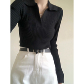 胖妹妹POLO领针织衫 女春秋冬新款 显瘦内搭打底衫 大码 V领长袖 上衣