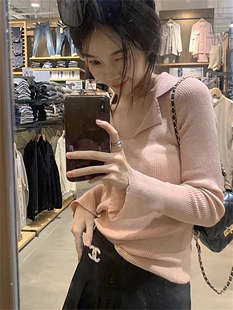 大码修身内搭粉色长袖针织衫女秋冬设计感毛衣显瘦打底衫ins上衣