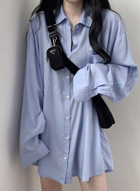 大码胖mm慵懒风防晒衬衫女春夏新款坠感中长款宽松长袖bf休闲上衣