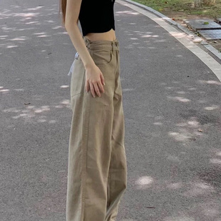 梨形身材卡其色工装牛仔裤女秋季大码胖妹妹宽松显瘦直筒阔腿裤子