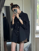 女春秋新款 衬衫 宽松休闲衬衣显瘦百搭上衣外套 胖妹妹黑色长袖 大码