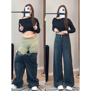 复古深蓝色阔腿牛仔裤女秋季大码胖mm高腰显瘦梨形身材宽松直筒裤