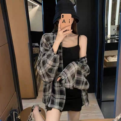 防晒罩衫春夏薄款复古格子衬衫女