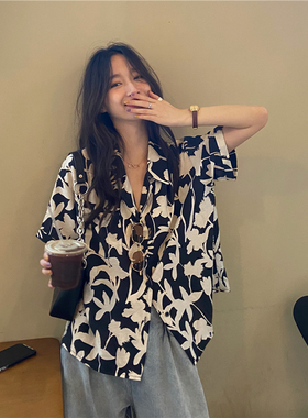 大码胖mm复古短袖衬衫女夏港味chic温柔设计感原宿BF风半袖衬衣潮