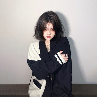 拼接上衣外套 港风复古减龄小西装 大码 胖妹妹日系棒球服女秋冬新款