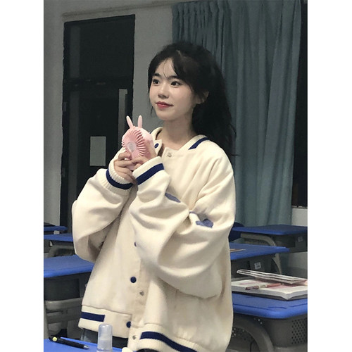 大码胖妹妹棒球服外套女春秋冬新款宽松学院风设计感小众夹克上衣