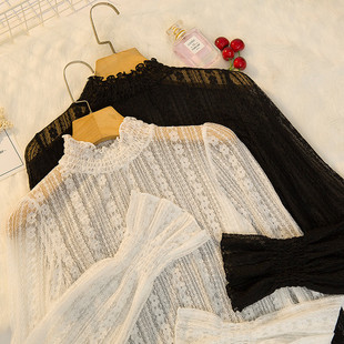 雷丝加绒打底衫 胖mm蕾丝上衣女超仙网纱内搭洋气小衫 大码 秋冬新款