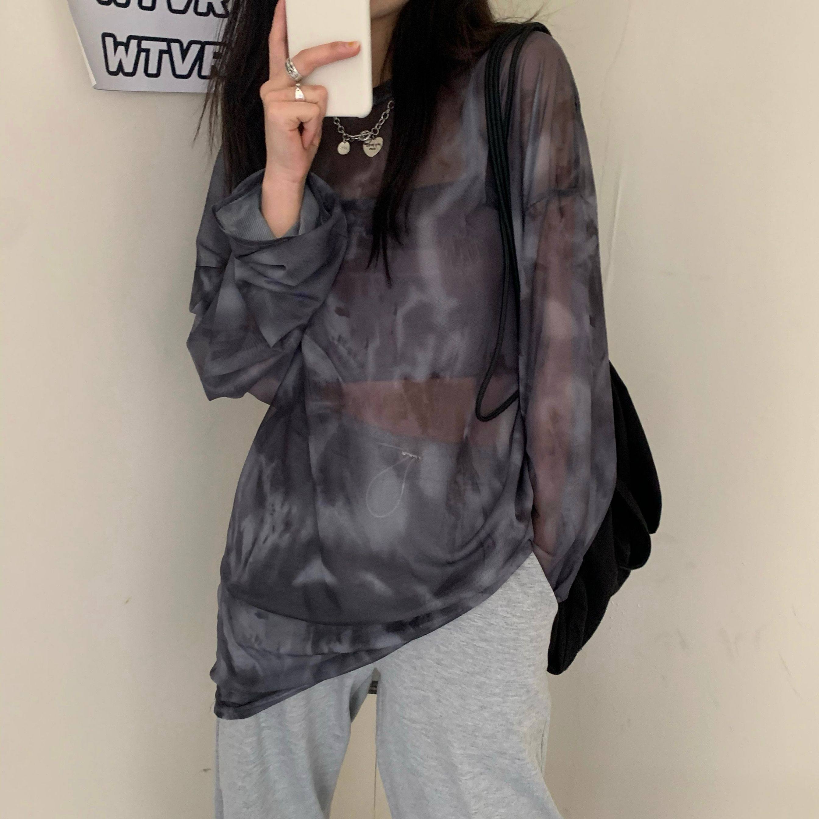 2026夏季新款大码胖mm扎染防晒罩衫女宽松冰丝长袖T恤网纱上衣薄
