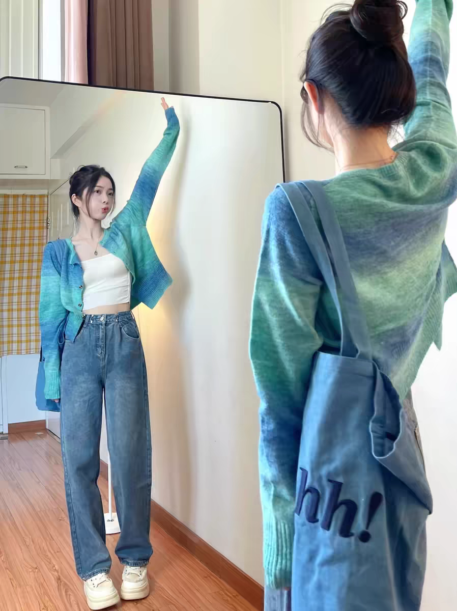 大码胖妹妹蓝绿扎染针织开衫女春夏薄款温柔气质毛衣外套长袖上衣