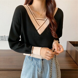 新款 大码 女春秋季 针织打底衫 温柔风上衣毛衣 胖妹妹V领假两件长袖