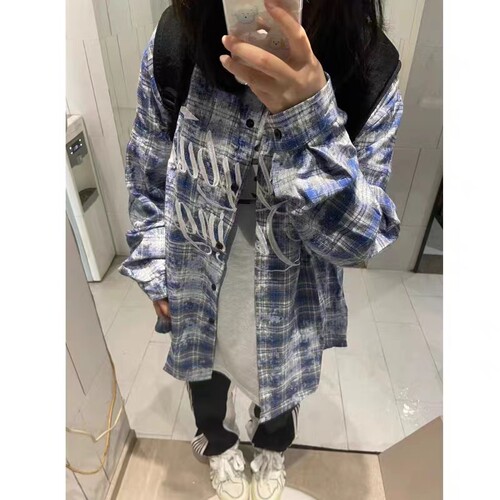 美式高街字母刺绣格子衬衫女