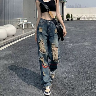 大码胖MM美式复古破洞阔腿牛仔裤女夏季百搭高腰宽松显瘦直筒裤子