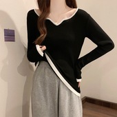 t恤方领打底衫 大码 撞色长袖 女春秋新款 内搭显瘦上衣 胖妹妹针织衫