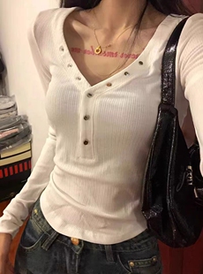 女春秋内搭修身 打底衫 显瘦上衣设计感小众 胖妹妹V领收腰长袖 大码