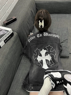 大码胖妹妹高街复古十字架黑灰色牛仔外套女春秋情侣休闲夹克上衣